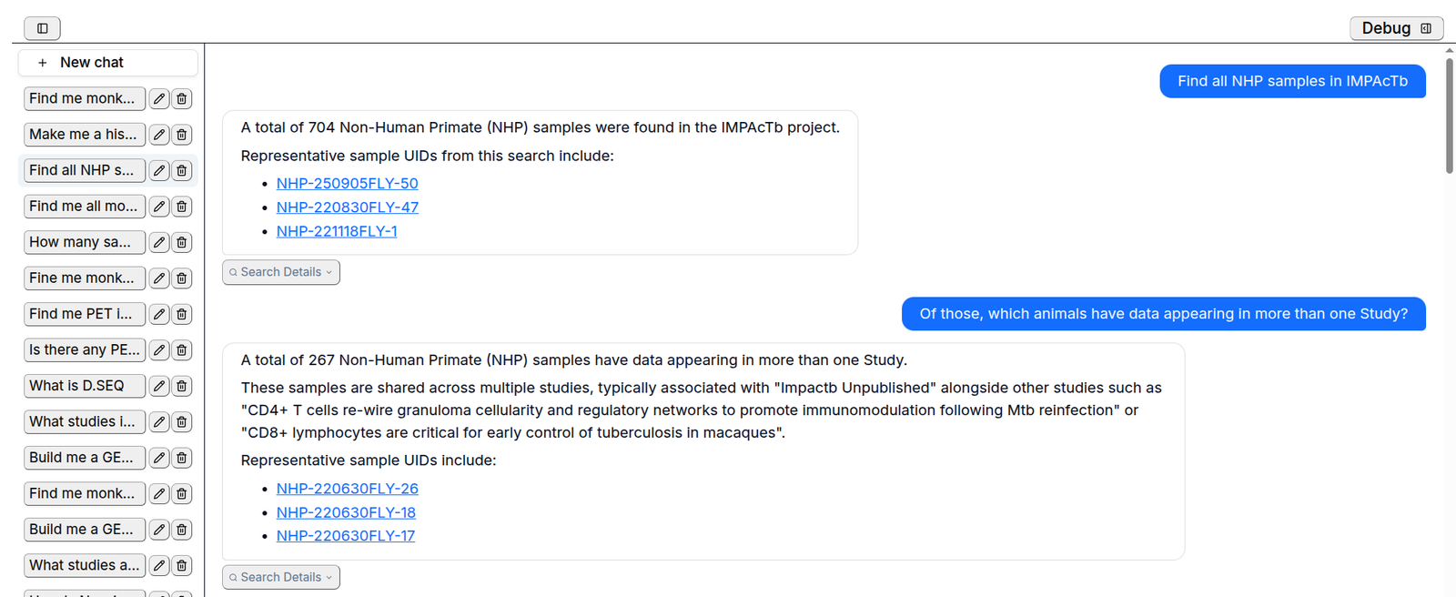 A chat. First question: find all NHP samples in a project, answered with a total and example UIDs. Follow-up: of those, which animals have data in more than one study, answered with a smaller total and example UIDs