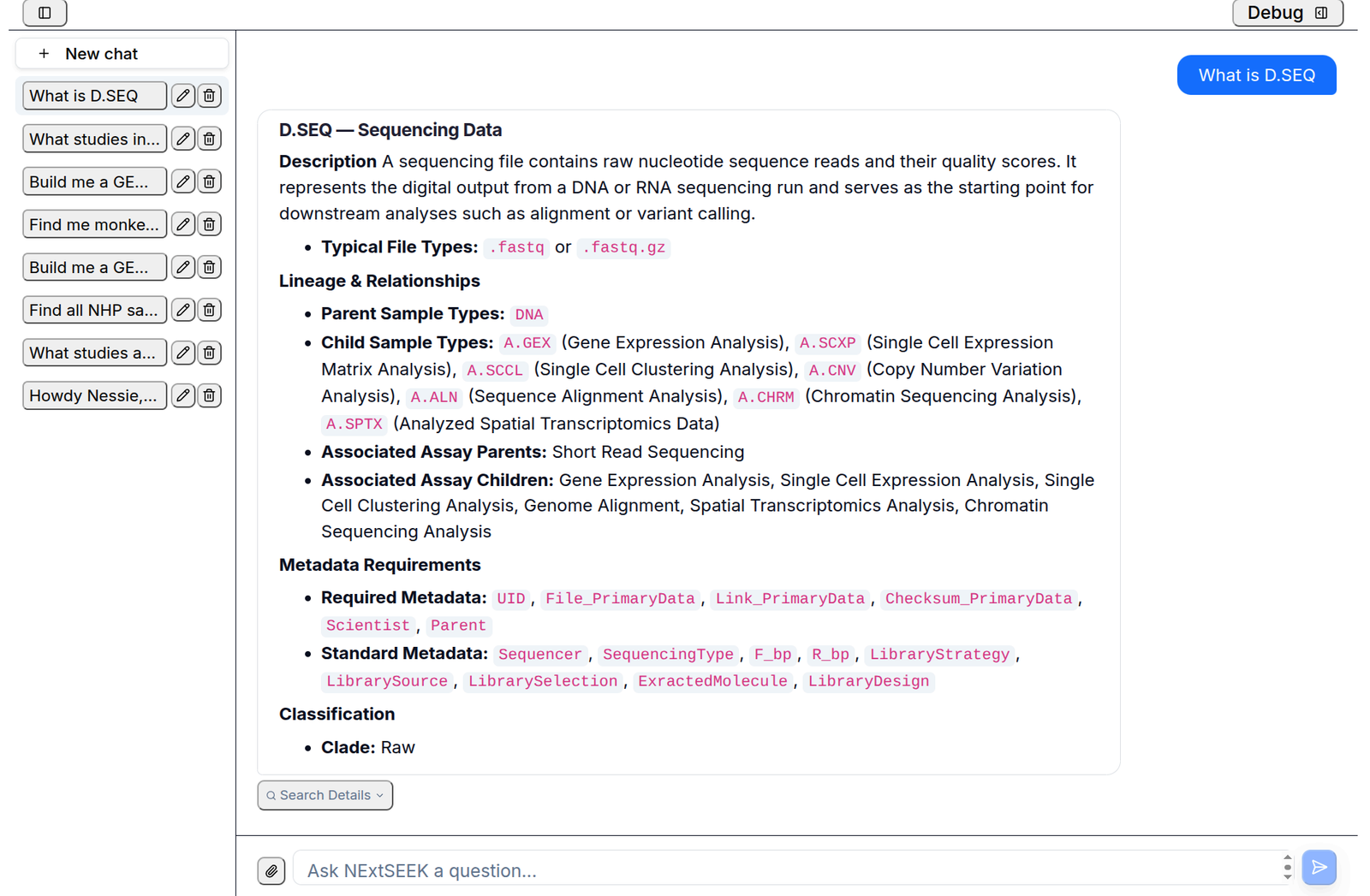 A chat where the question What is D.SEQ gets an answer describing the Sequencing Data sample type: its description, typical file types, parent and child sample types, required metadata and clade
