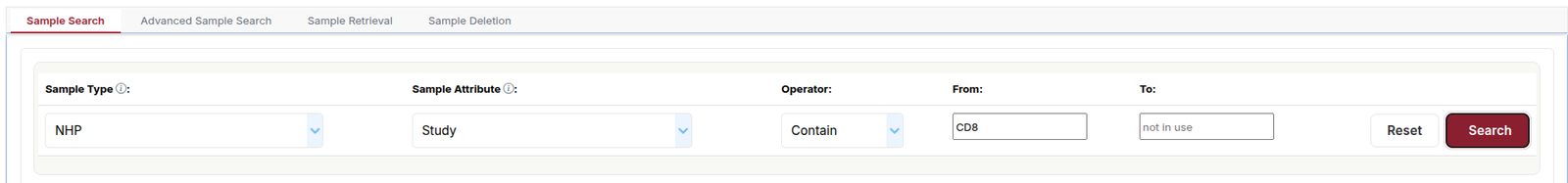 The Sample Search tab with sample type NHP, attribute Study, operator Contain and the value CD8, beside the Reset and Search buttons
