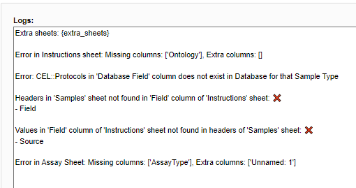 Validation log listing a missing Ontology column, a database field that does not exist for the sample type, and an Assay sheet missing its AssayType column